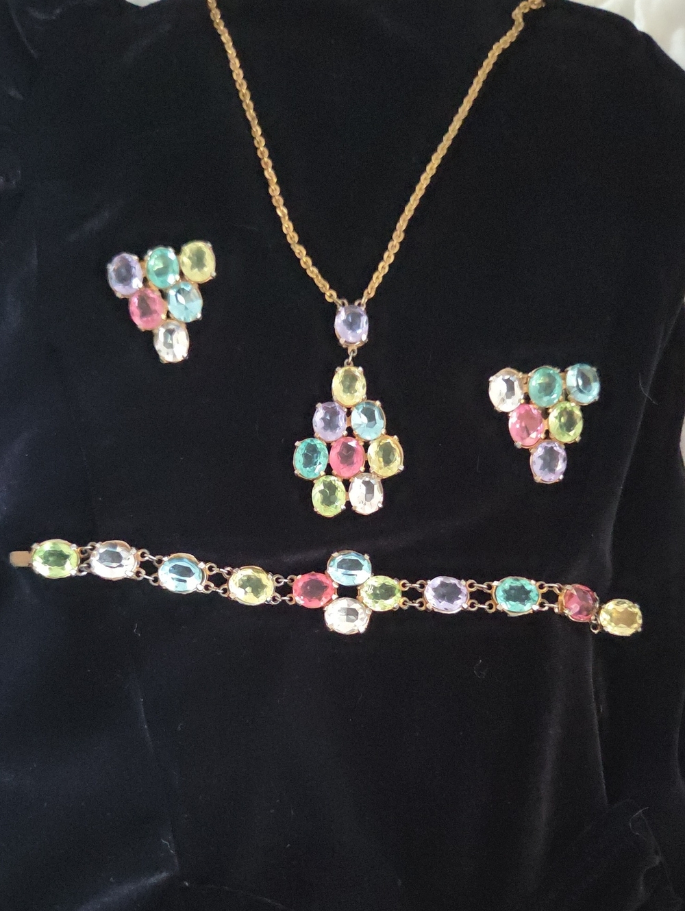 1930's Vintage Czech Multicolor Crystal Pendant Necklace and Bracelet Set
